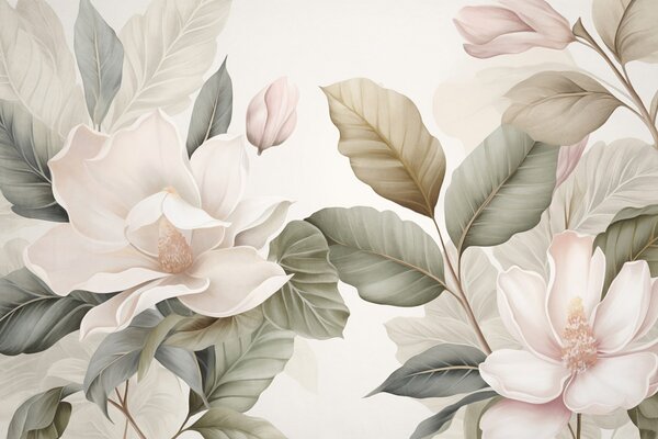 Fototapety Kwiaty magnolii z liśćmi w pastelowych kolorach, białym, różowym i zielonym, miękkie, delikatne, w, Fototapety Kwiaty, w09427 : Uwalls.pl