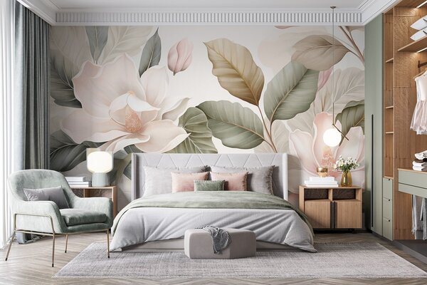 Fototapety Kwiaty magnolii z liśćmi w pastelowych kolorach, białym, różowym i zielonym, miękkie, delikatne, w, Fototapety Kwiaty, w09427 : Uwalls.pl