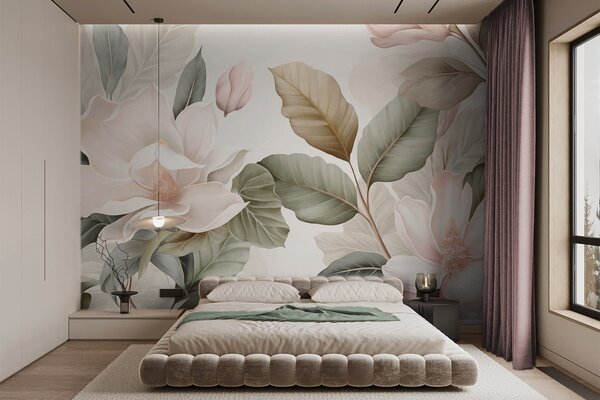 Fototapety Kwiaty magnolii z liśćmi w pastelowych kolorach, białym, różowym i zielonym, miękkie, delikatne, w, Fototapety Kwiaty, w09427 : Uwalls.pl