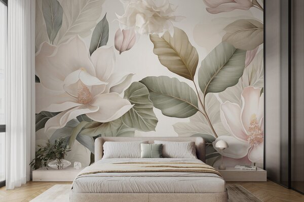 Fototapety Kwiaty magnolii z liśćmi w pastelowych kolorach, białym, różowym i zielonym, miękkie, delikatne, w, Fototapety Kwiaty, w09427 : Uwalls.pl