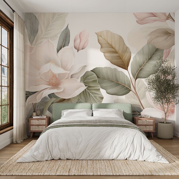 Fototapety Kwiaty magnolii z liśćmi w pastelowych kolorach, białym, różowym i zielonym, miękkie, delikatne, w, Fototapety Kwiaty, w09427 : Uwalls.pl
