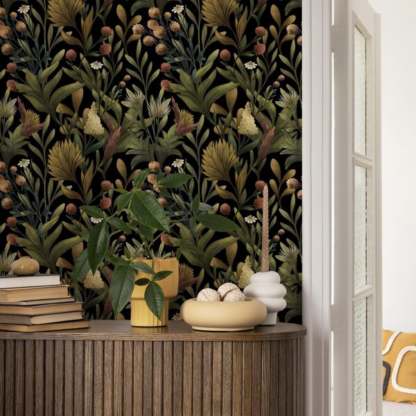 Tapety Ogród botaniczny na czarnym tle, ciepła jesienna paleta barw, Tapety Z kwiatami, a00619 : Uwalls.pl