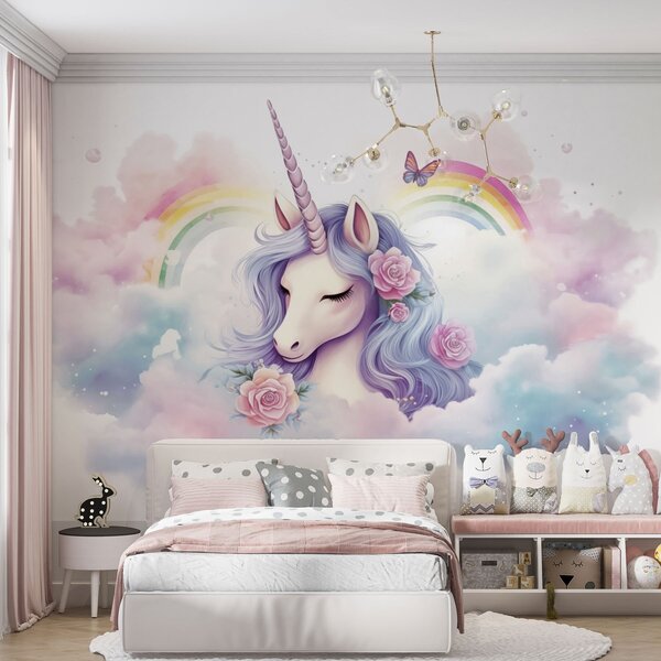 Fototapety Pastelowy jednorożec w chmurach z tęczą i różami, Fototapety Dziecięce, Fototapety Jednorożec, w03990 : Uwalls.pl