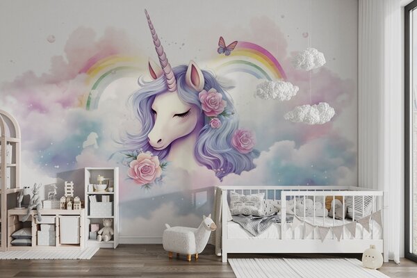 Fototapety Pastelowy jednorożec w chmurach z tęczą i różami, Fototapety Dziecięce, Fototapety Jednorożec, w03990 : Uwalls.pl