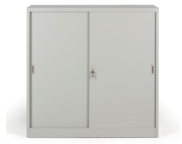 Metalowa szafa z przesuwnymi drzwiami, demontowana, 2 półki, 1200 x 1200 x 450 mm, jasnoszary