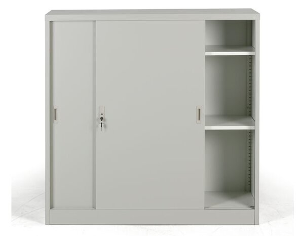 Metalowa szafa z przesuwnymi drzwiami, demontowana, 2 półki, 1200 x 1200 x 450 mm, jasnoszary