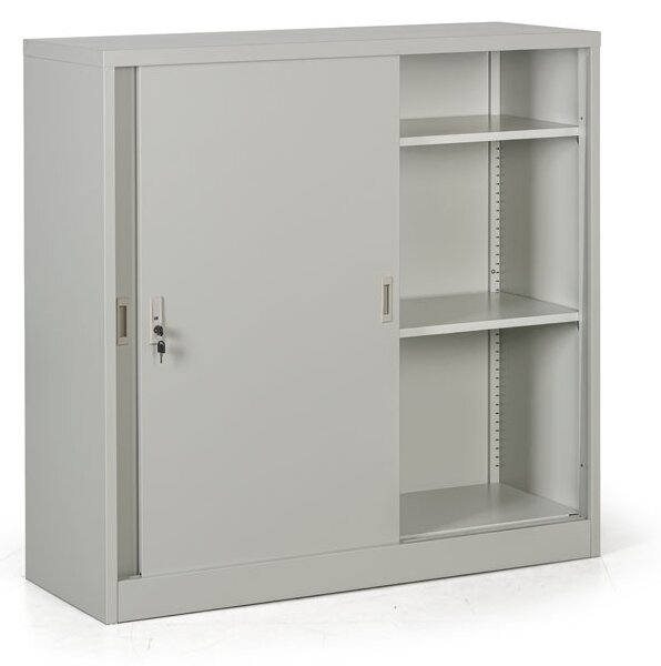 Metalowa szafa z przesuwnymi drzwiami, demontowana, 2 półki, 1200 x 1200 x 450 mm, jasnoszary