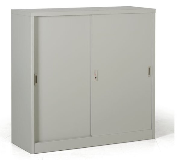 Metalowa szafa z przesuwnymi drzwiami, demontowana, 2 półki, 1200 x 1200 x 450 mm, jasnoszary