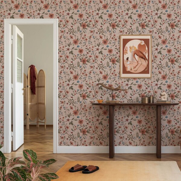 Tapety Różowo-koralowe kwiaty i liście na kolorze zgaszonego różu, Tapety Z kwiatami, a00667 : Uwalls.pl