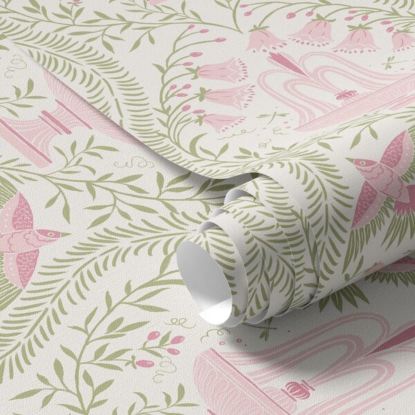 Tapety Fontanny, kolibry i zielone zwoje na jasnym tle, Tapety Z kwiatami, a00723 : Uwalls.pl