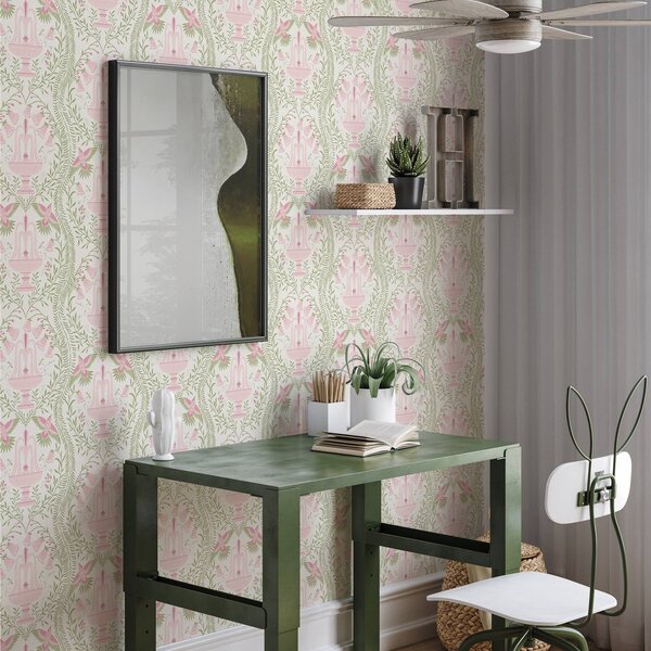 Tapety Fontanny, kolibry i zielone zwoje na jasnym tle, Tapety Z kwiatami, a00723 : Uwalls.pl