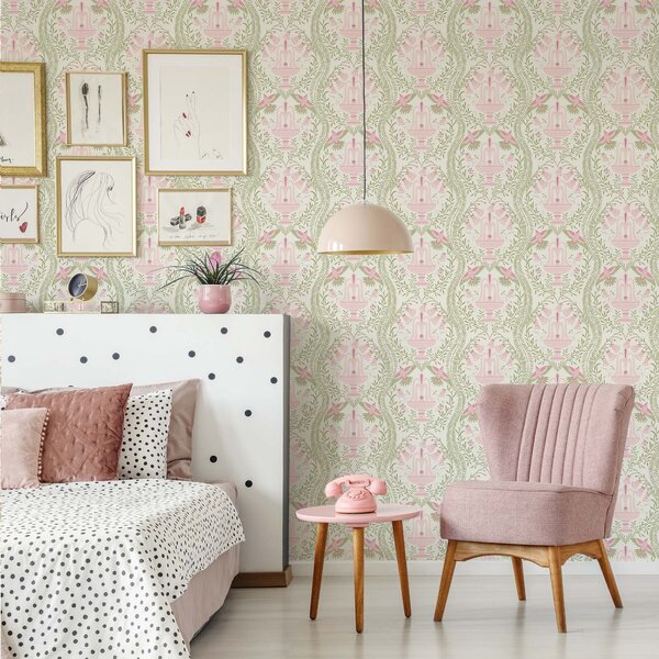 Tapety Fontanny, kolibry i zielone zwoje na jasnym tle, Tapety Z kwiatami, a00723 : Uwalls.pl