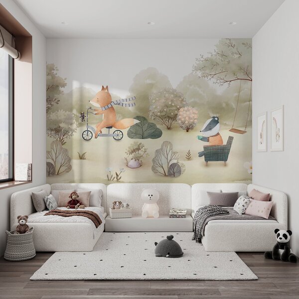 Fototapety Lis na rowerze i borsuk z herbatą, leśne zwierzęta w stylu akwareli, Fototapety Las, Fototapety Drzewa, w09439 : Uwalls.pl