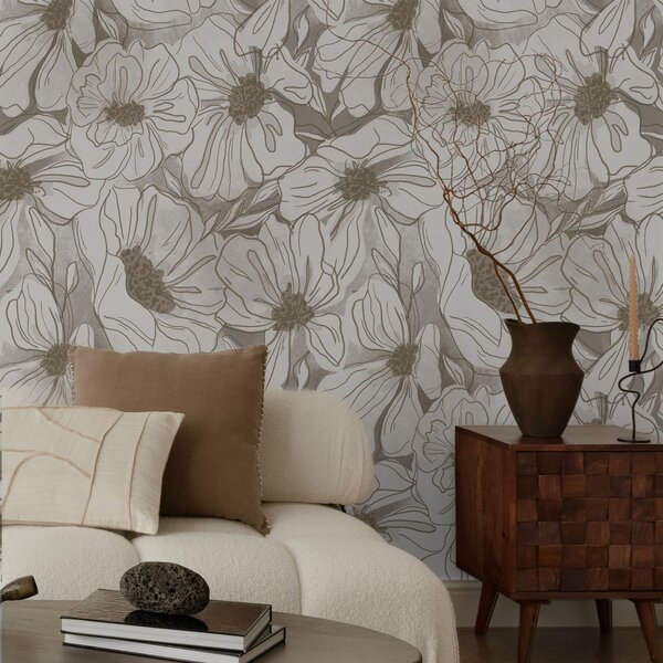 Tapety Kwiaty w linii prostej w monochromatycznej palecie beżowo-szarej, Tapety Z kwiatami, a00636 : Uwalls.pl