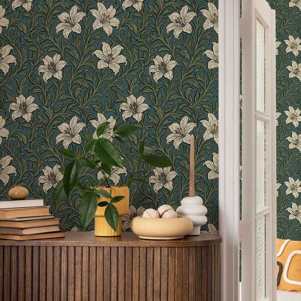 Tapety Kremowe lilie wśród gęstej zieleni na turkusowym tle, Tapety Z kwiatami, a00645 : Uwalls.pl