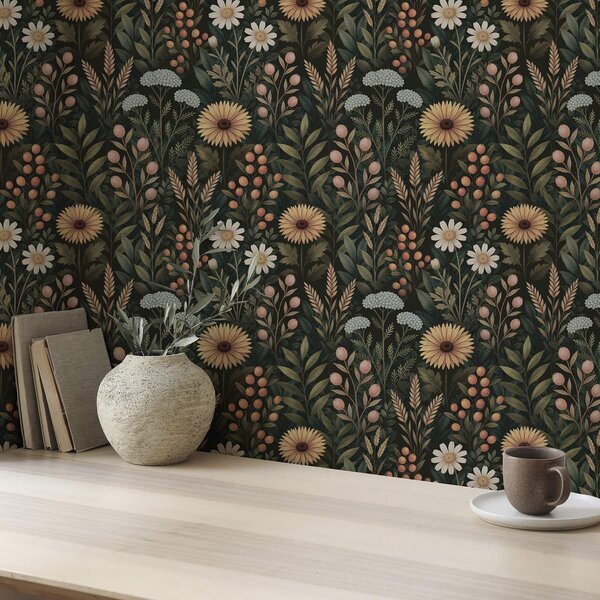 Tapety Kwiaty polne i jagody na ciemnym tle, naturalny ornament, Tapety Z kwiatami, a00707 : Uwalls.pl