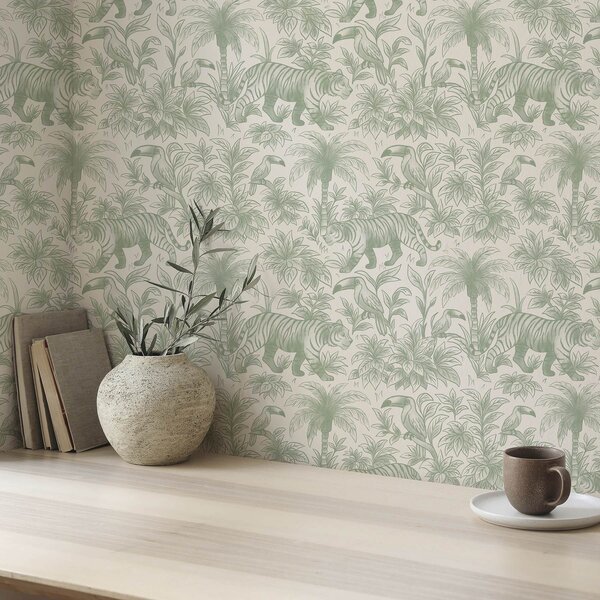 Tapety Tygrysy i tropikalne ptaki wśród palm na jasnym tle, Tapety las, a00711 : Uwalls.pl