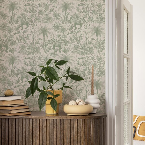 Tapety Tygrysy i tropikalne ptaki wśród palm na jasnym tle, Tapety las, a00711 : Uwalls.pl