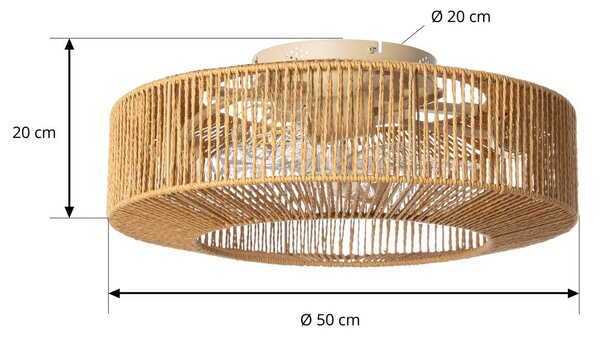 Wentylator sufitowy Lucande z oświetleniem Raveni, Ø 50 cm, lina konopna Raveni, kremowy / amber, salon / jadalnia, nowoczesny