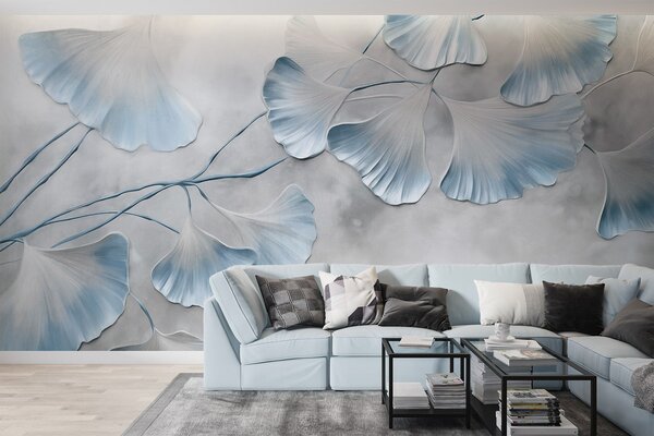 Fototapety Liście miłorzębu japońskiego z niebieskimi brzegami na gałęzi, szare tło z fakturą, elegancki i, Fototapety Natura, w09472v1 : Uwalls.pl