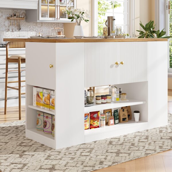 Biała wyspa kuchenna z miejscem do przechowywania i rozkładanym blatem, o wymiarach 140 x 40 x 90 cm, wykonana z MDF i metalu, wyposażona w szuflady i półki