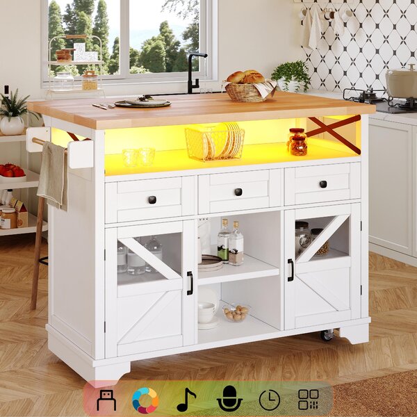 Wyspa kuchenna z miejscem do przechowywania, mobilny wózek kuchenny z rozkładanym blatem, oświetlenie LED sterowane aplikacją, wymiary: 120 x 71 x 98 cm, kolor: biały, materiał: metal i MDF