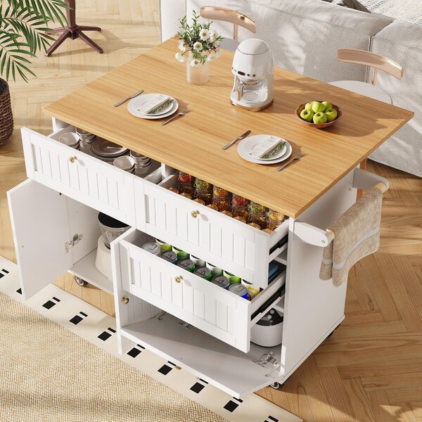 Wyspa kuchenna z miejscem do przechowywania, biała wyspa kuchenna wykonana z MDF i metalu, mobilny wózek kuchenny z rozkładanym blatem, wymiary: 133 x 70 x 88 cm