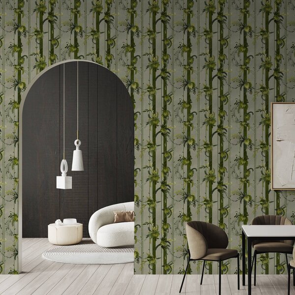 Tapety Zielone liście w pionowe paski na szarym tle, Tapety Z kwiatami, a00807v1 : Uwalls.pl