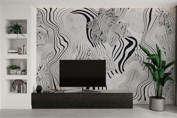 Fototapety abstrakcyjne organiczne kształty w stylu 3D w odcieniach bieli i szarości z czarnymi paskami, Fototapety Abstrakcja, w04627 : Uwalls.pl