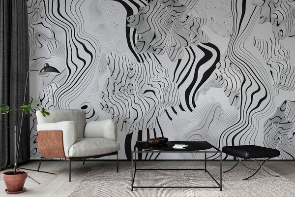 Fototapety abstrakcyjne organiczne kształty w stylu 3D w odcieniach bieli i szarości z czarnymi paskami, Fototapety Abstrakcja, w04627 : Uwalls.pl