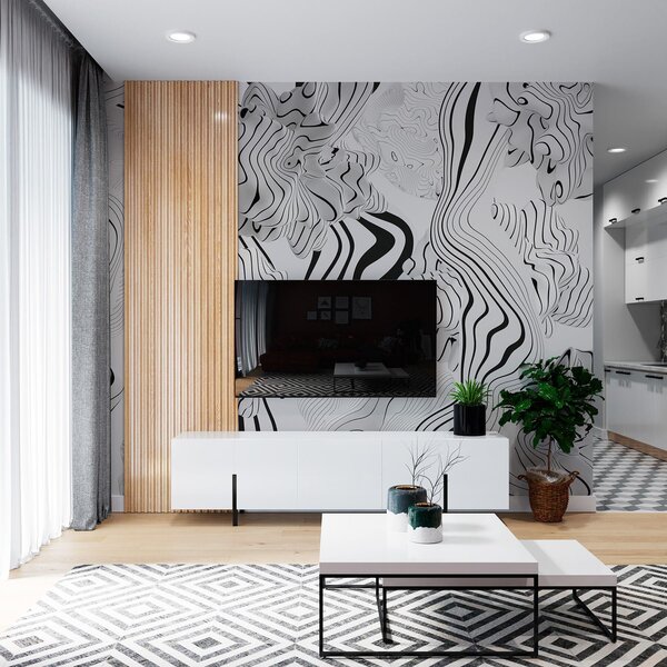 Fototapety abstrakcyjne organiczne kształty w stylu 3D w odcieniach bieli i szarości z czarnymi paskami, Fototapety Abstrakcja, w04627 : Uwalls.pl