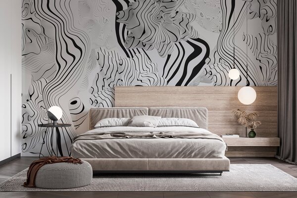 Fototapety abstrakcyjne organiczne kształty w stylu 3D w odcieniach bieli i szarości z czarnymi paskami, Fototapety Abstrakcja, w04627 : Uwalls.pl