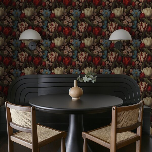 Tapety Jasne tulipany i niebieskie kwiaty na ciemnym tle, Tapety Z kwiatami, a00746 : Uwalls.pl
