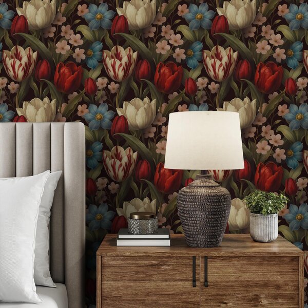 Tapety Jasne tulipany i niebieskie kwiaty na ciemnym tle, Tapety Z kwiatami, a00746 : Uwalls.pl