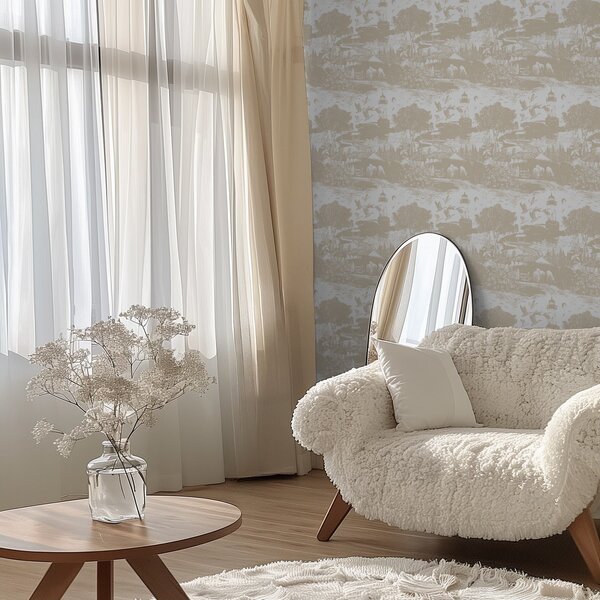 Tapety Scena z latarnią morską, drzewami i domami w kolorze sjeny, Tapety vintage, a00739 : Uwalls.pl