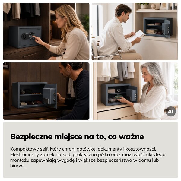 Mały sejf domowy, elektroniczny zamek na kod, na pieniądze i dokumenty, 350x250x250 mm: DORIAN