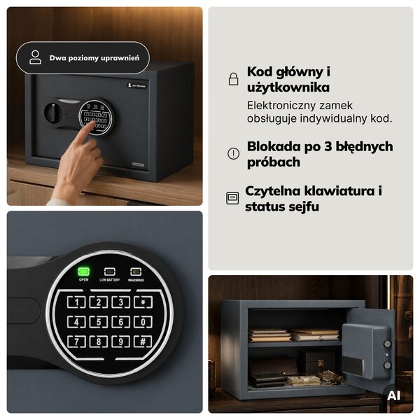 Mały sejf domowy, elektroniczny zamek na kod, na pieniądze i dokumenty, 350x250x250 mm: DORIAN