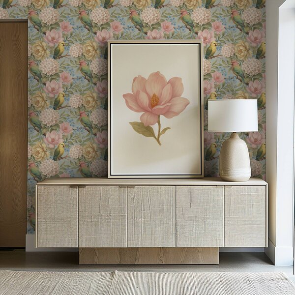 Tapety Papugi wśród piwonii, hortensji i magnolii, Tapety Z kwiatami, a00747 : Uwalls.pl