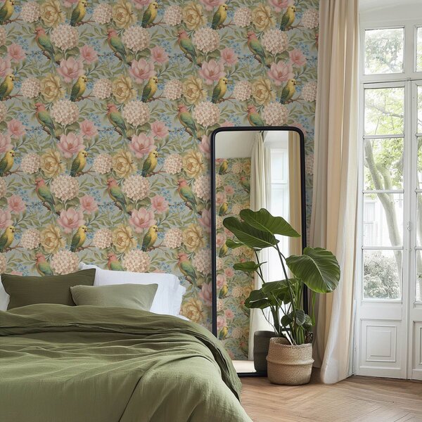 Tapety Papugi wśród piwonii, hortensji i magnolii, Tapety Z kwiatami, a00747 : Uwalls.pl