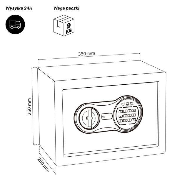 Mały sejf domowy, elektroniczny zamek na kod, na pieniądze i dokumenty, 350x250x250 mm: DORIAN