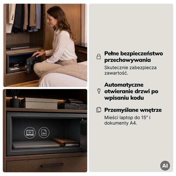 Sejf hotelowy elektroniczny z zamkiem na kod, na laptopa 15″ i dokumenty, 200 x420x370 mm: ALFRED