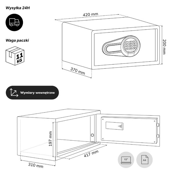 Sejf hotelowy elektroniczny z zamkiem na kod, na laptopa 15″ i dokumenty, 200 x420x370 mm: ALFRED