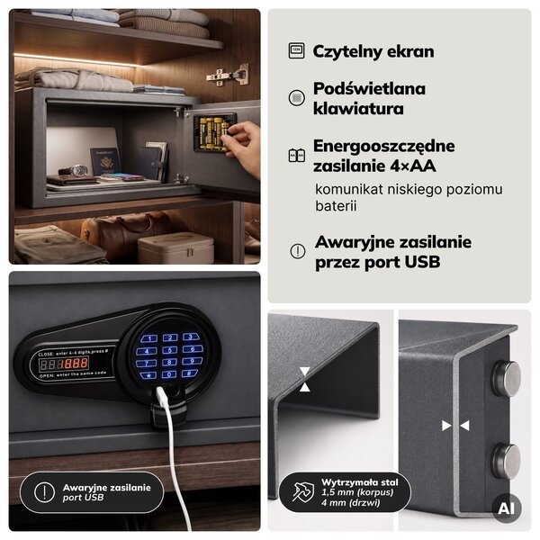 Sejf hotelowy elektroniczny z zamkiem na kod, na laptopa 15″ i dokumenty, 200 x420x370 mm: ALFRED