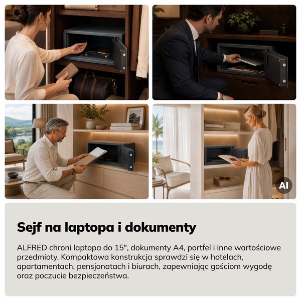 Sejf hotelowy elektroniczny z zamkiem na kod, na laptopa 15″ i dokumenty, 200 x420x370 mm: ALFRED