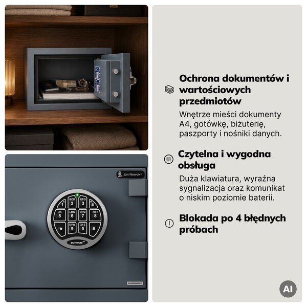 Sejf S2 antywłamaniowy, ognioodporny, elektroniczny na kod, na dokumenty, 400x280x340 mm: EDGAR