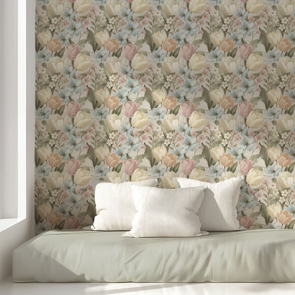 Tapety Pastelowe tulipany i kwiaty na jasnym, popękanym tle, Tapety Z kwiatami, a00756 : Uwalls.pl