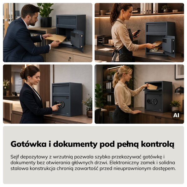 Sejf depozytowy z wrzutnią, elektroniczny zamek na kod, na pieniądze i dokumenty, 345x455x300 mm: CEDRIC