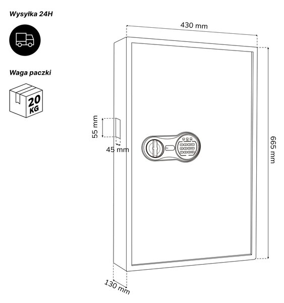 Szafka na klucze elektroniczna z wrzutnią i zamkiem na kod, na 133 klucze, 430x665x130 mm: BRUCE