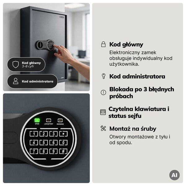 Szafka na klucze elektroniczna z wrzutnią i zamkiem na kod, na 133 klucze, 430x665x130 mm: BRUCE