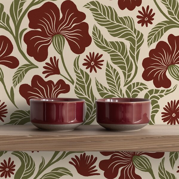 Tapety Burgundowe kwiaty z zielonymi liśćmi na jasnym tle, Tapety Z kwiatami, a00761 : Uwalls.pl
